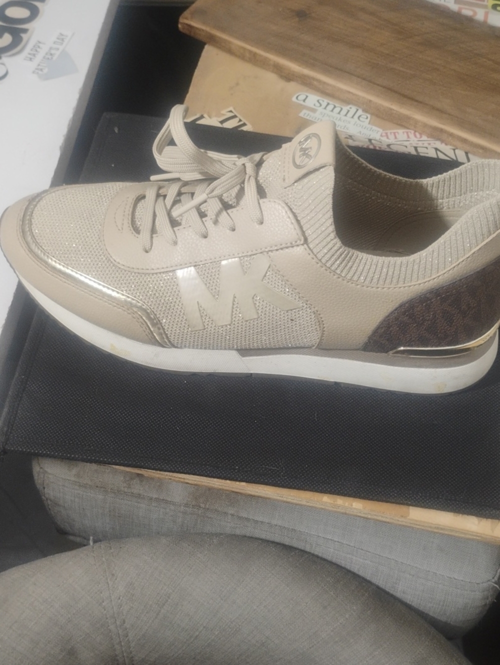 Michael Kors Beige and Brown Knit-Trim Logo Sneaker